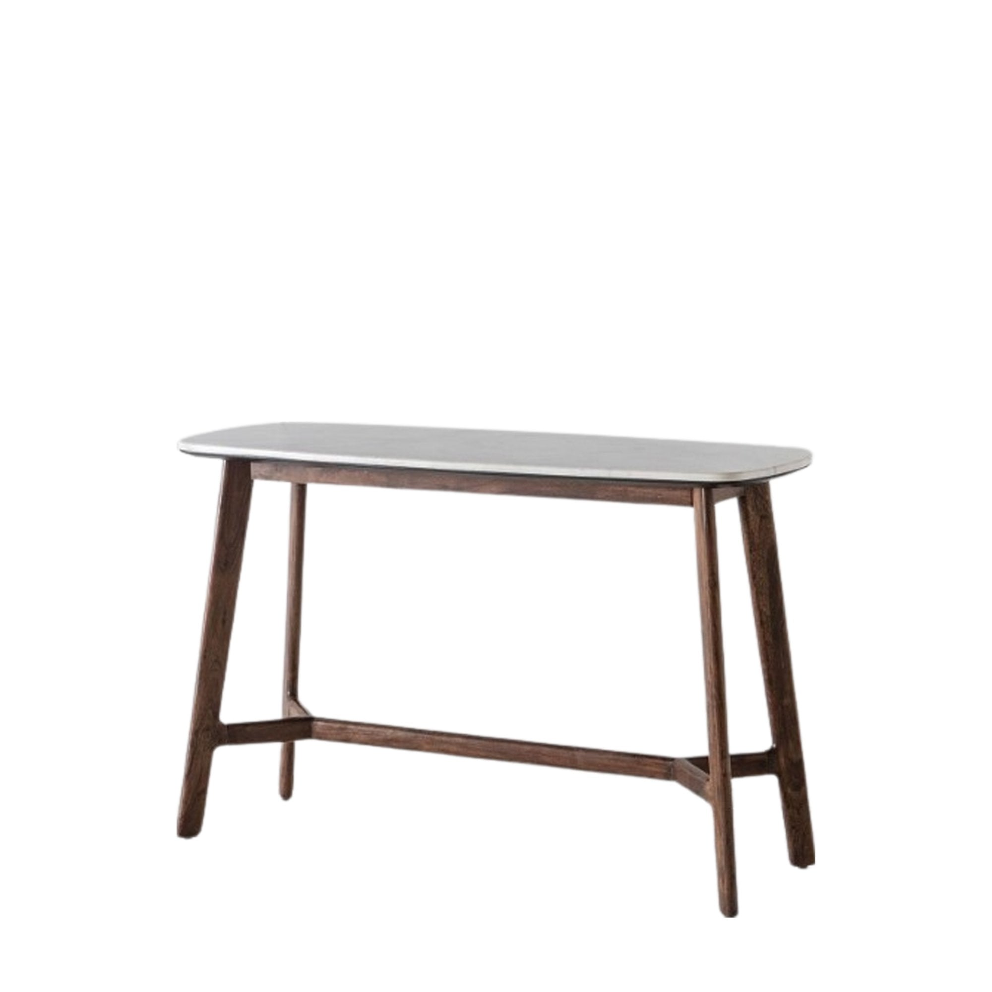 A console table with a gray marble top and dark wooden legs.