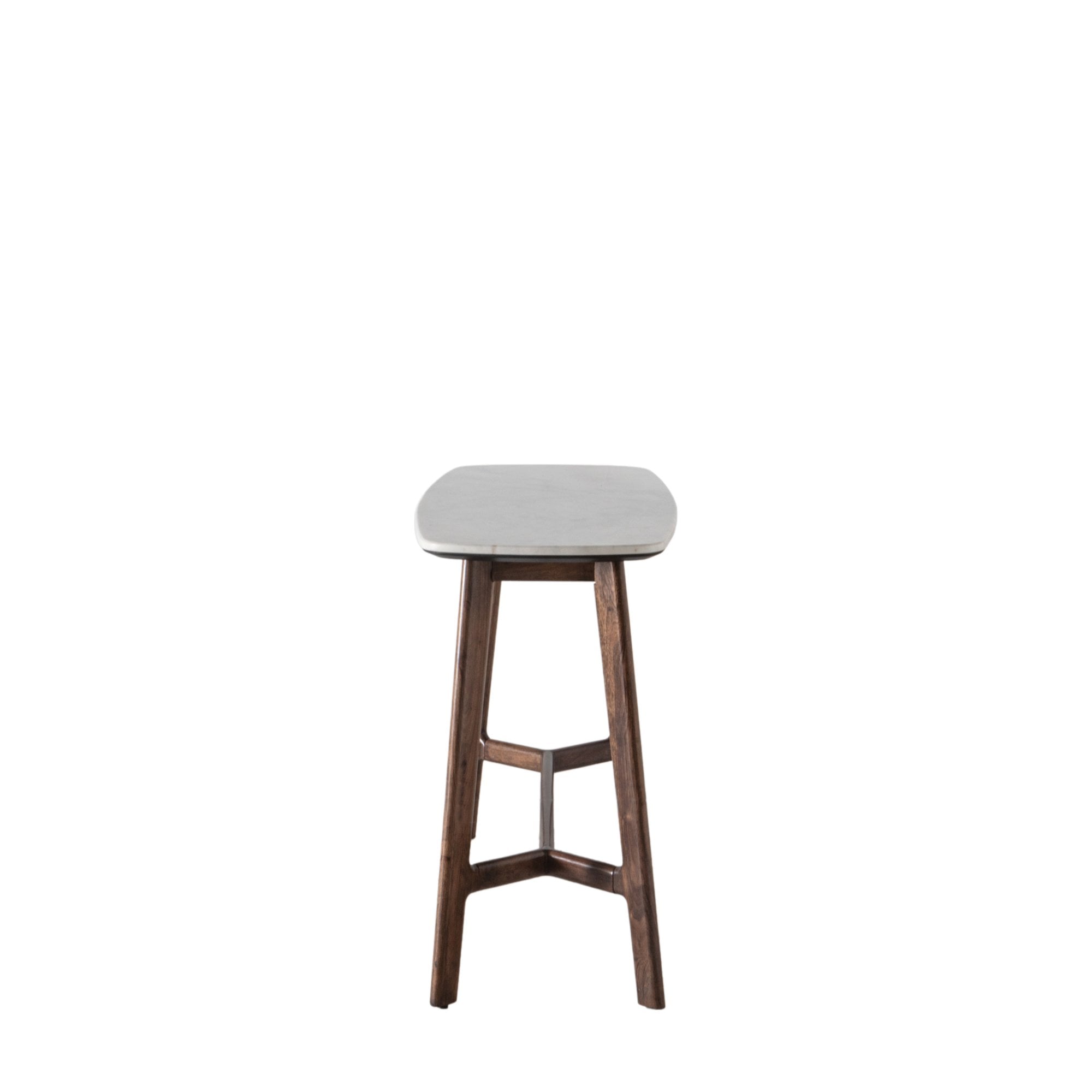 A bar stool with a square light gray cushion and dark wooden legs.