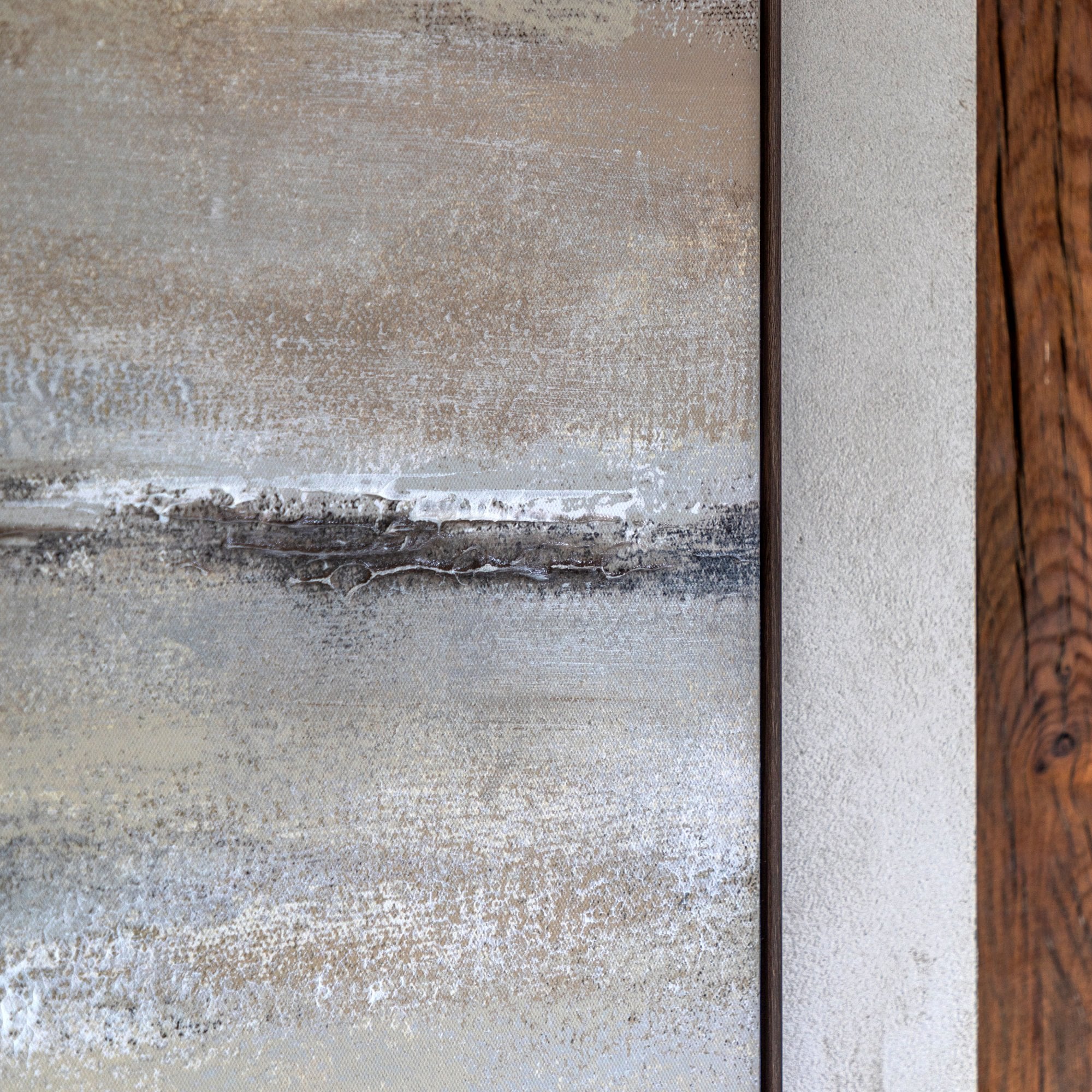 Detail of an abstract painting with horizontal lines and varying textures.