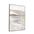 Angled view of an abstract painting in earthy tones on a white background.