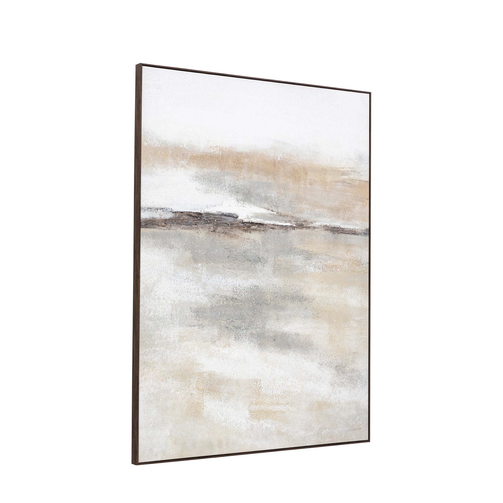 Angled view of an abstract painting in earthy tones on a white background.