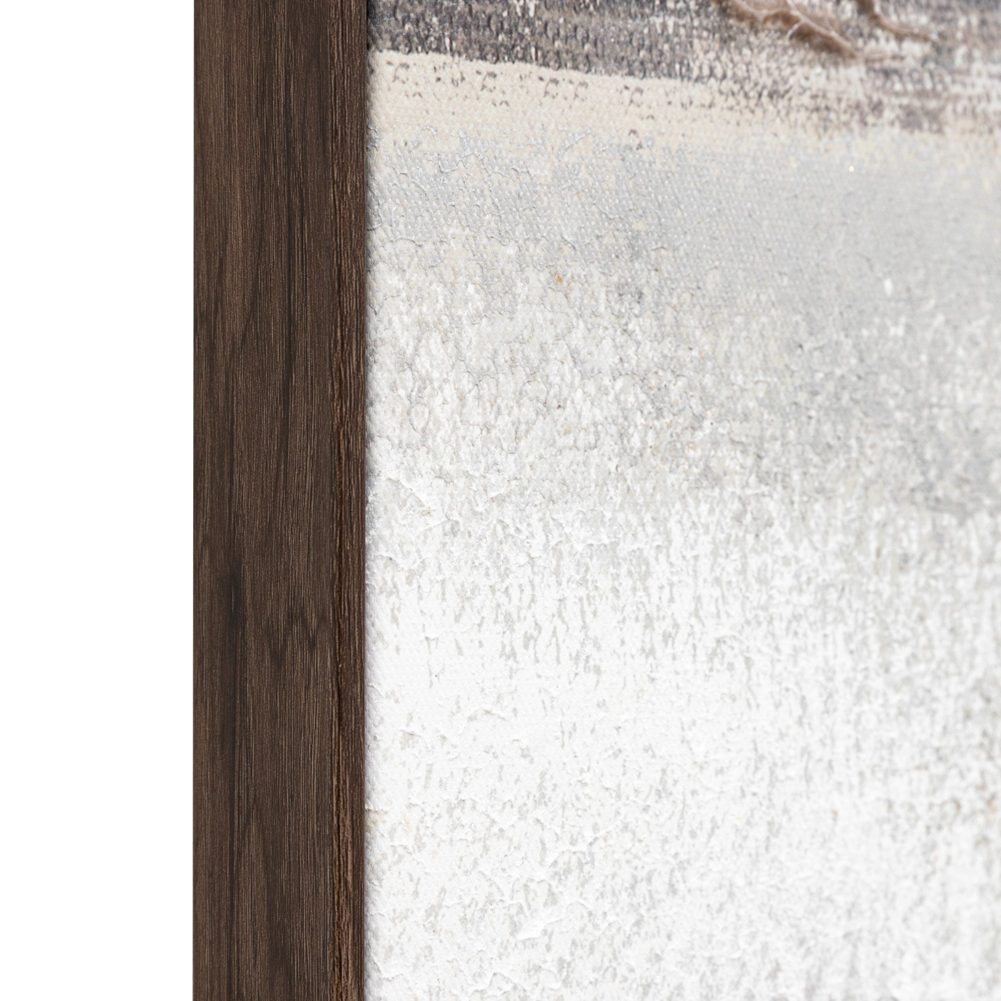 Close-up of the textured canvas and frame of an abstract painting.