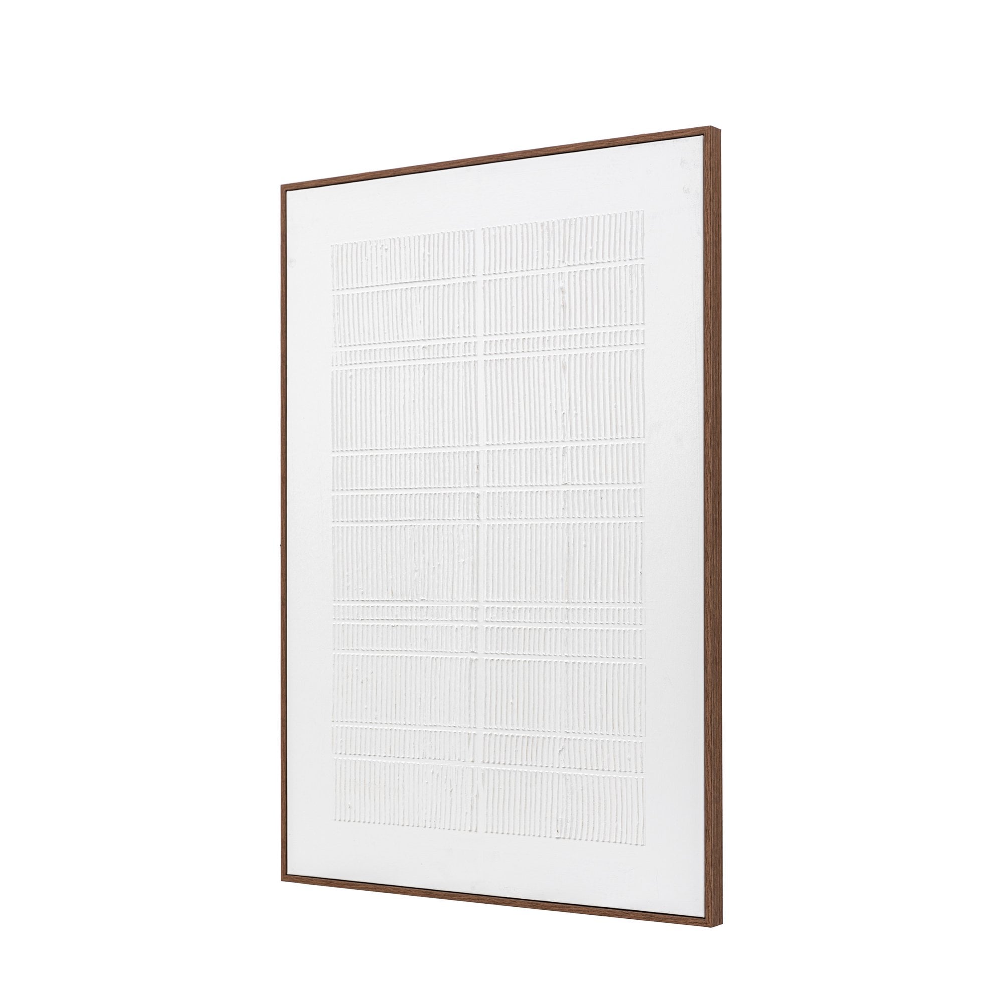 A framed piece of white and textured wall decor, angled to the left.