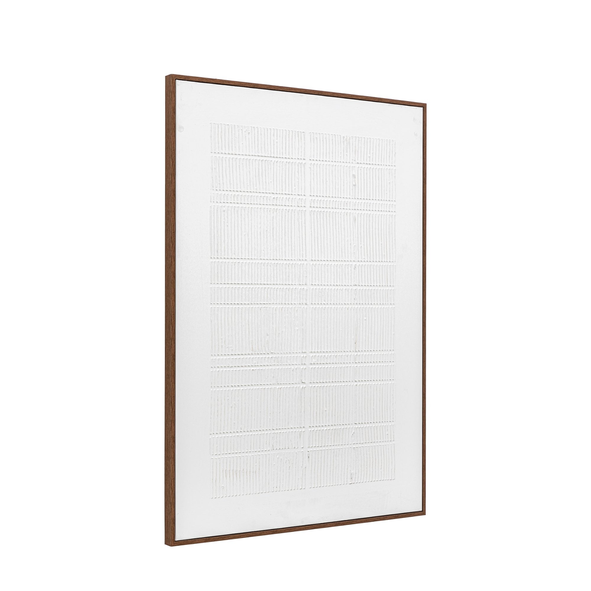 A framed piece of white and textured wall decor, angled to the right.