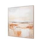 Side angle of an abstract painting with white and ochre tones on a white background.