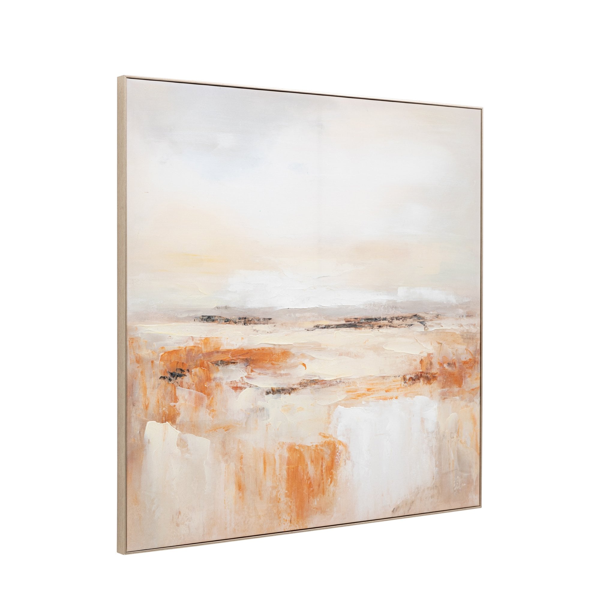 Side angle of an abstract painting in white, grey, and ochre tones.