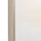 Close-up of a white painting in a natural wood frame.