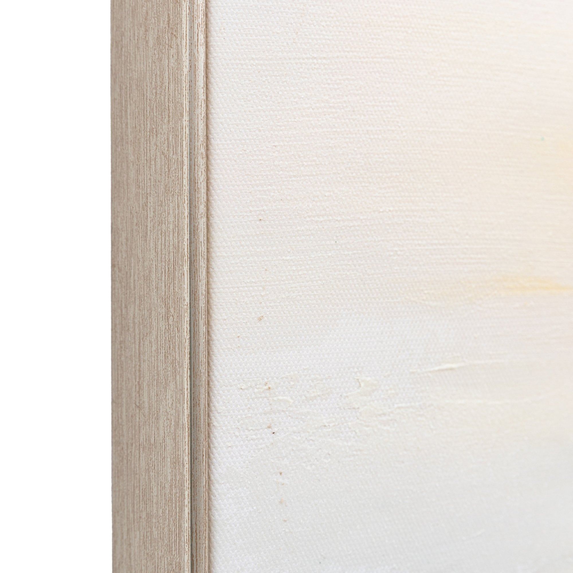 Close-up of a white painting in a natural wood frame.