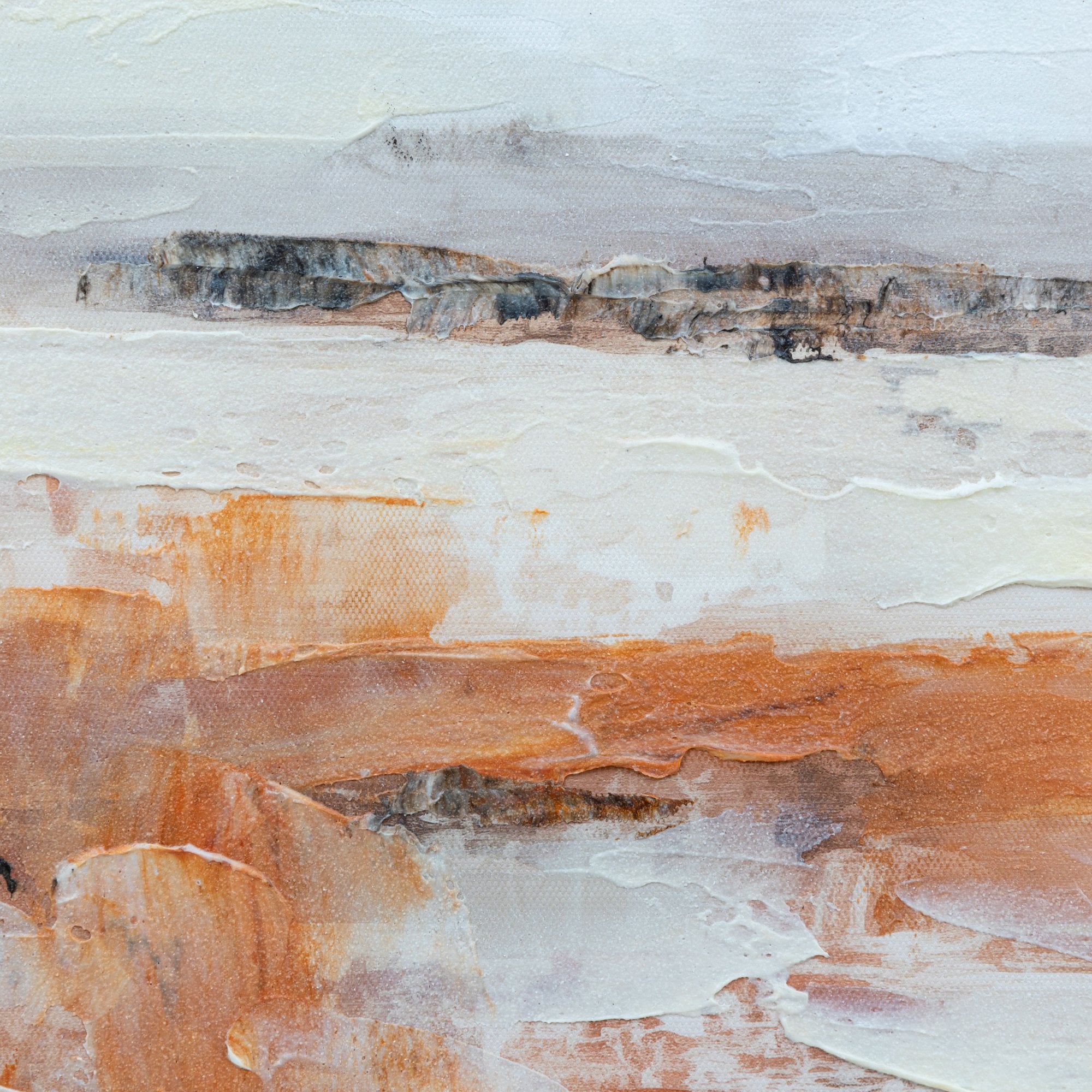 Close-up of the painting with white, grey, and ochre brushstrokes.