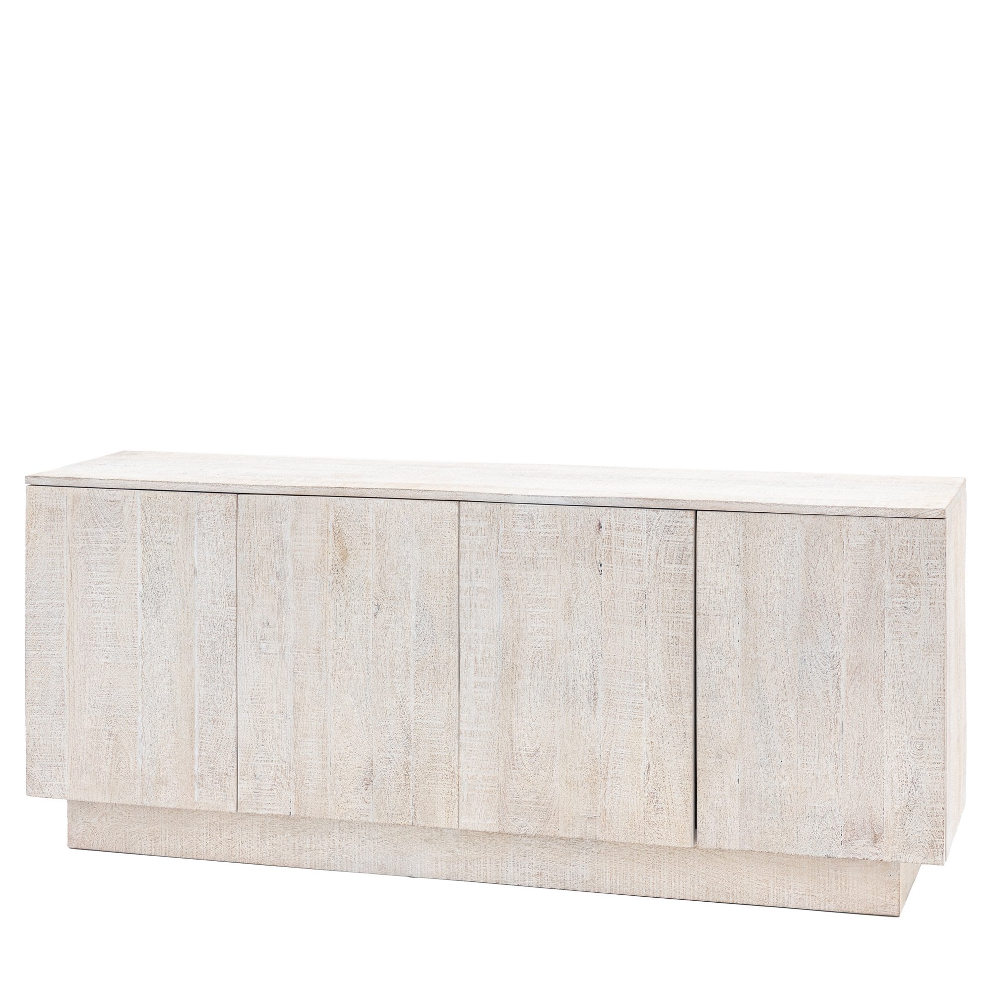 A rustic weathered wood sideboard with four doors, perfect for stylish storage solutions.