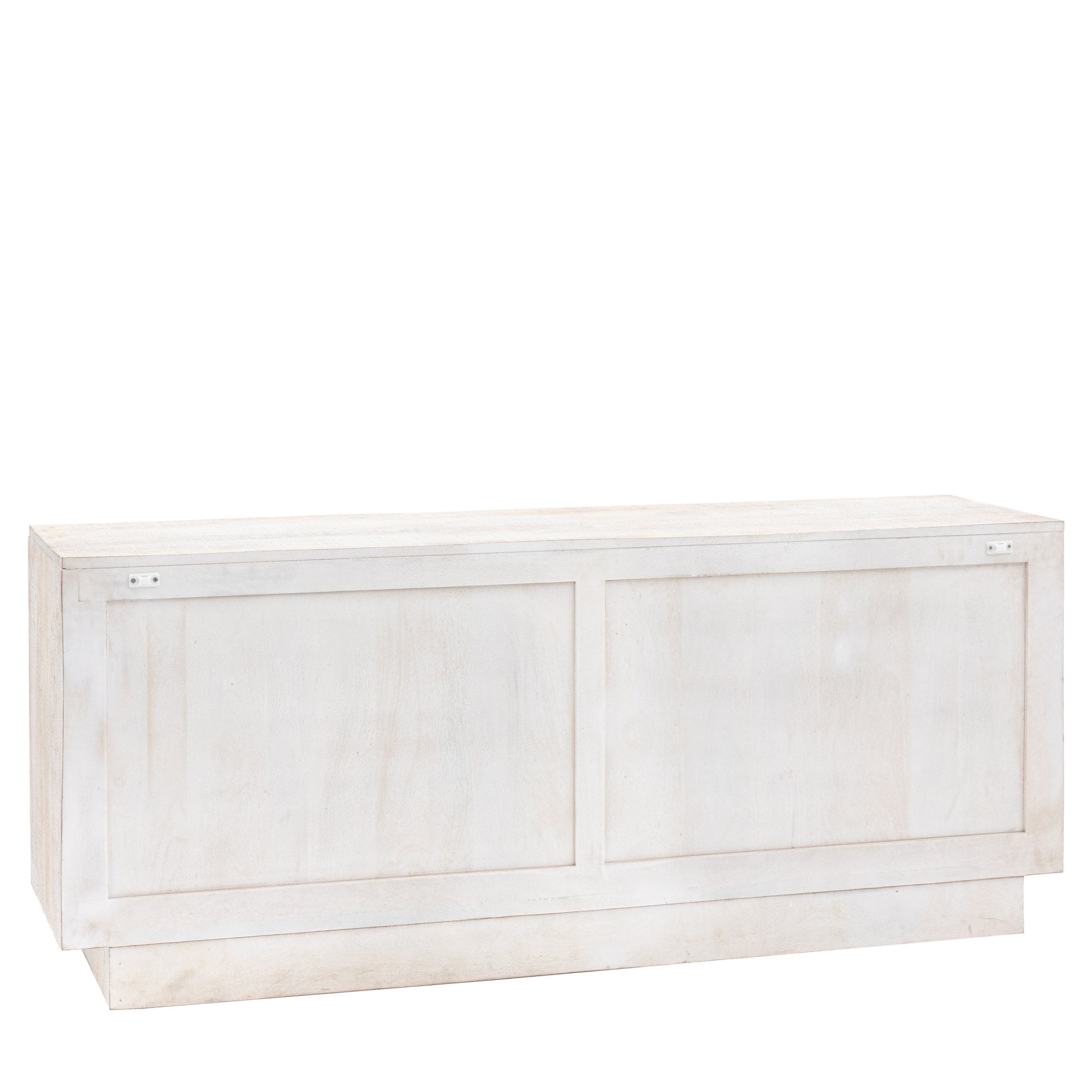 The back of a weathered wood sideboard, showcasing its robust and understated design.