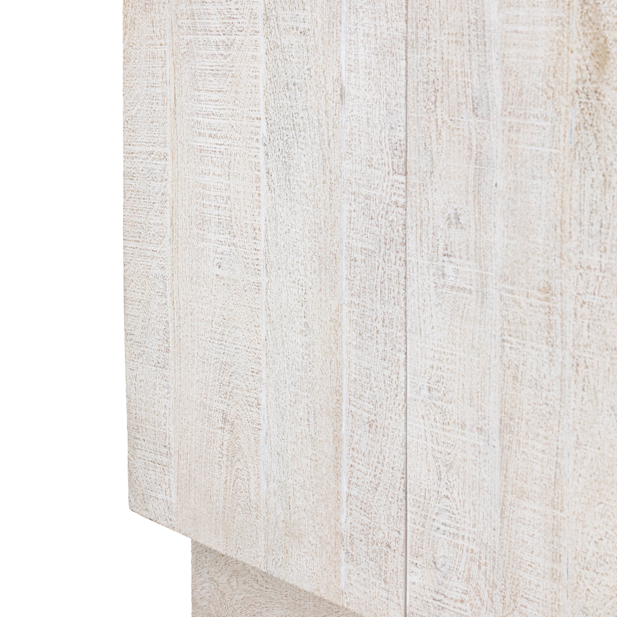 The corner detail of a weathered wood cabinet, showing the textured wood grain.