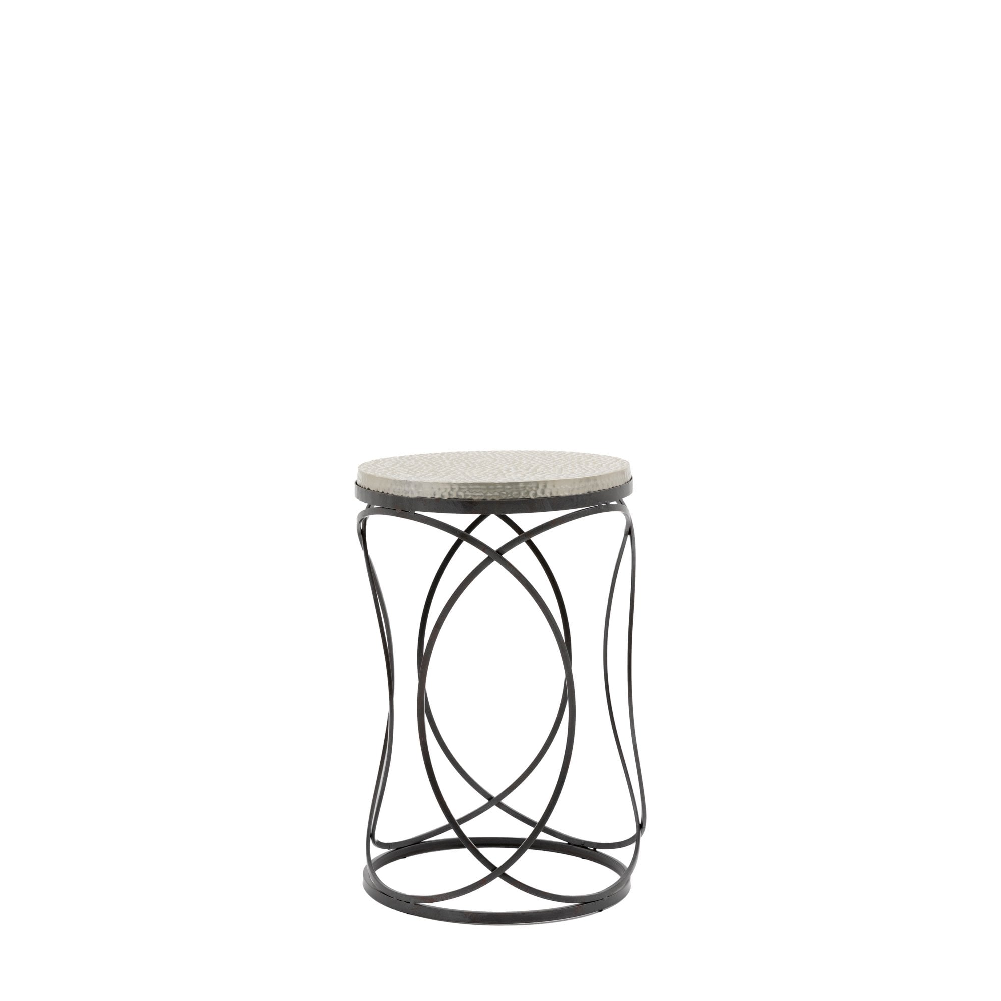 Round side table with a hammered metal top and black metal geometric base on a white background.