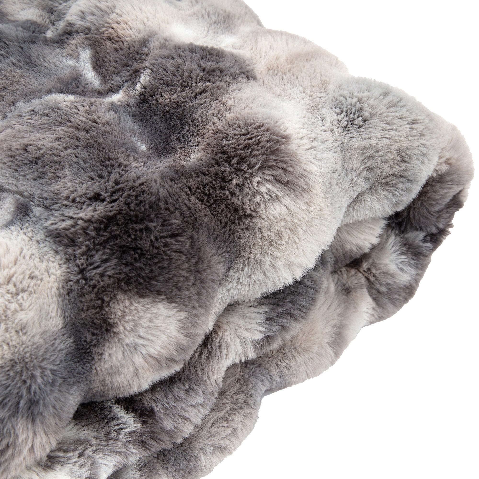 Close-up of the plush folds of the gray and white faux fur blanket.