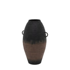 A large, two-toned black and brown vase with handles, on a white background.