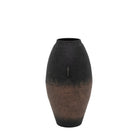 A large, two-toned black and brown vase with one visible handle, on a white background.