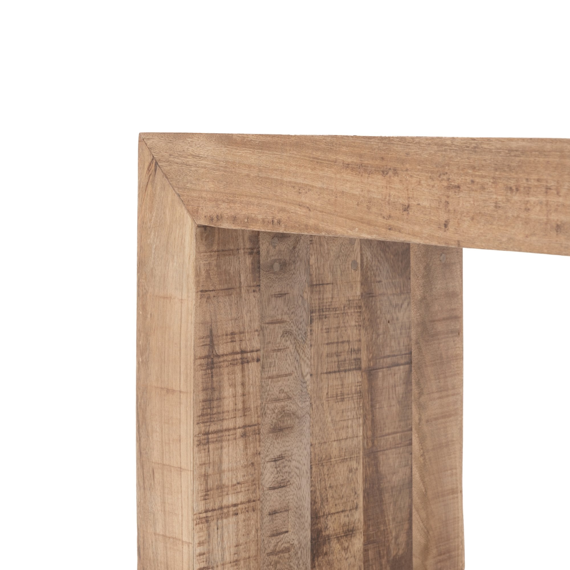 A detailed shot of the bench's wooden leg and corner, highlighting the natural wood grain.