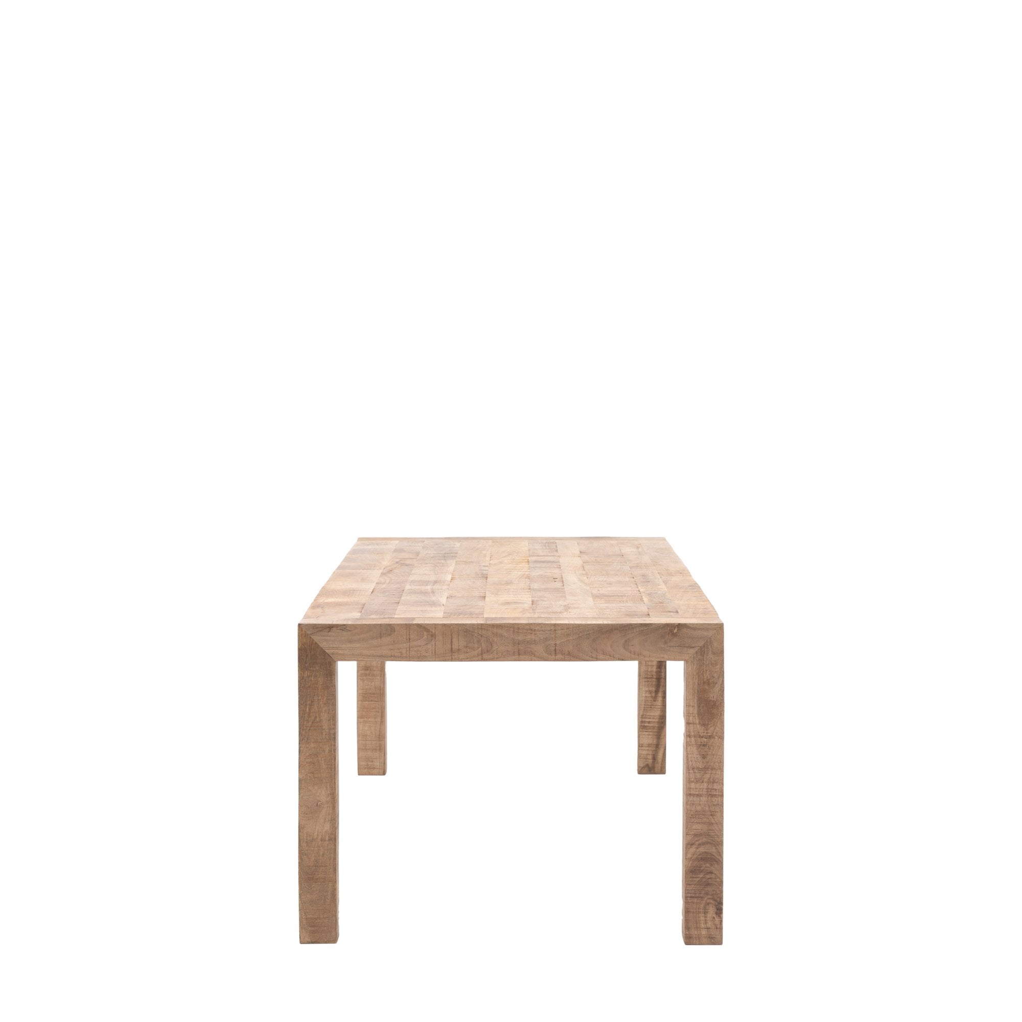 A front view of a wooden dining table with a simple design.