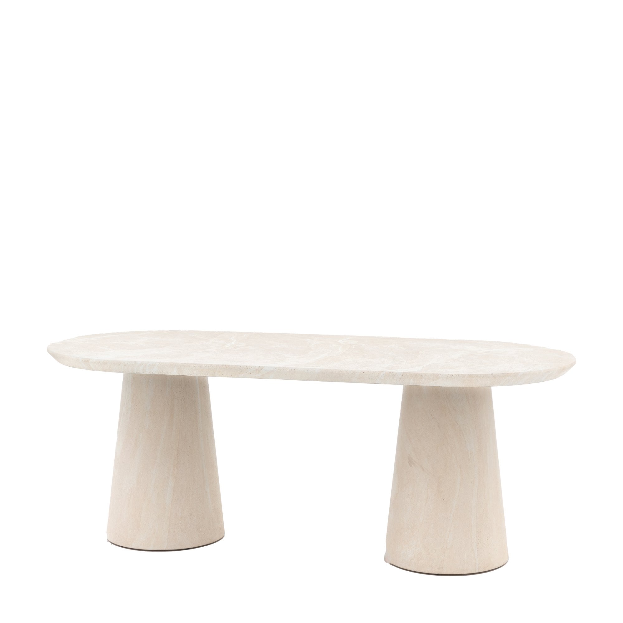 A light beige oval dining table with two sturdy conical bases on a white background.