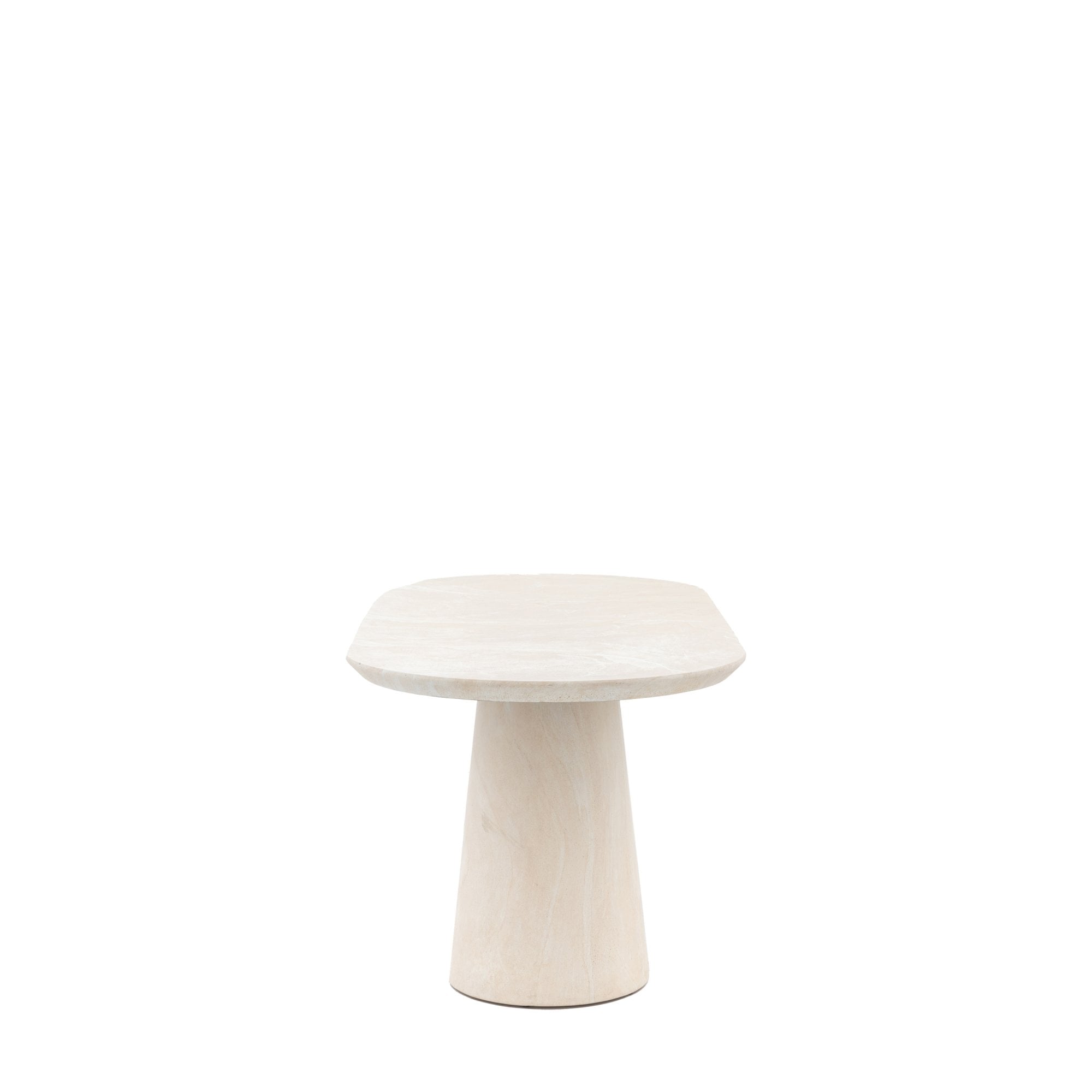 A light beige round dining table with a single conical base on a white background.