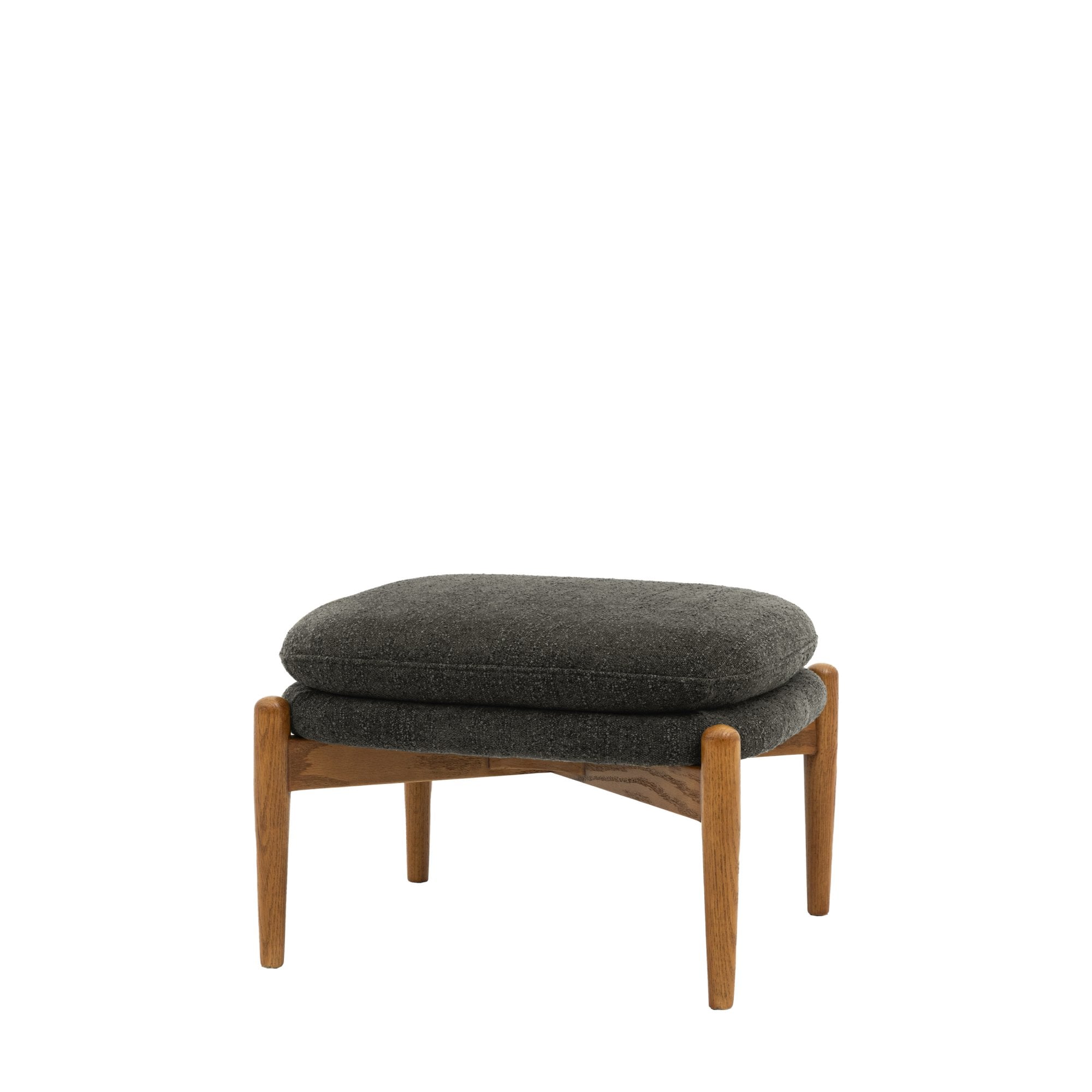 Front view of a mid-century modern grey upholstered ottoman with wooden legs.