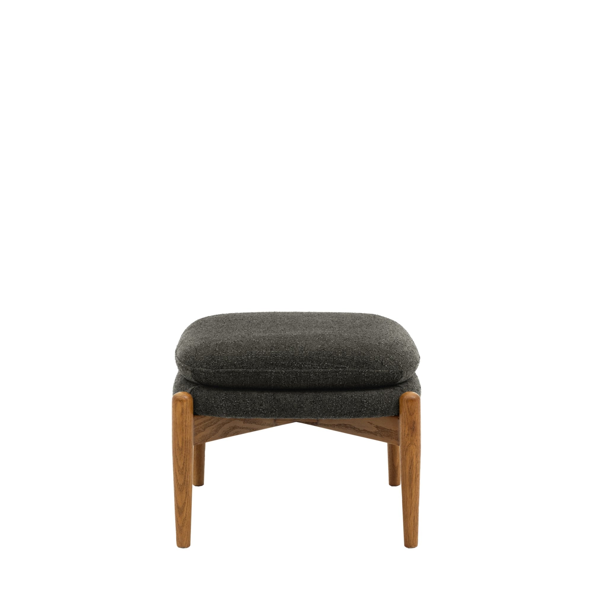 A mid-century modern ottoman with grey upholstered cushions on a white background.