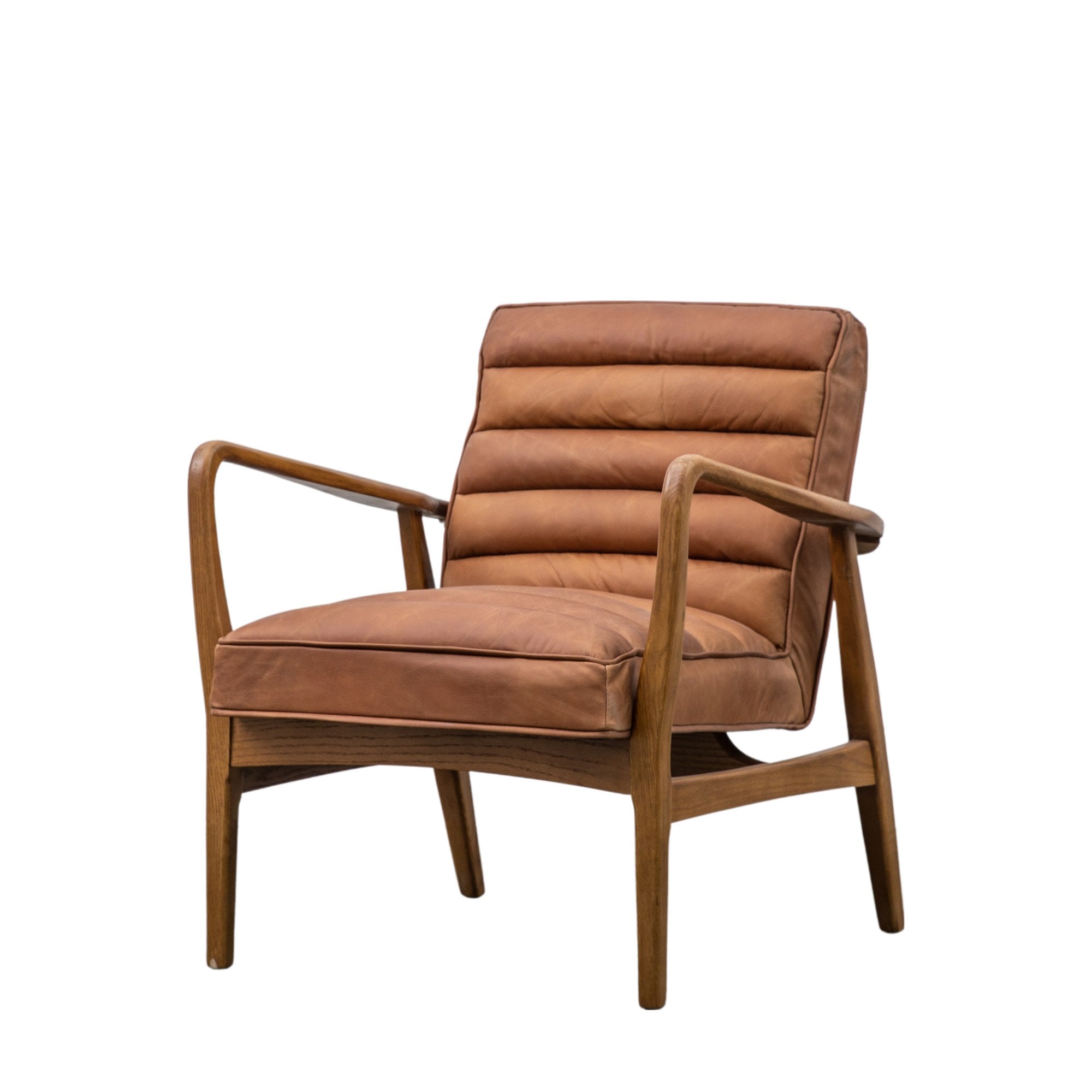 Brown leather armchair with wooden frame, angled front view.