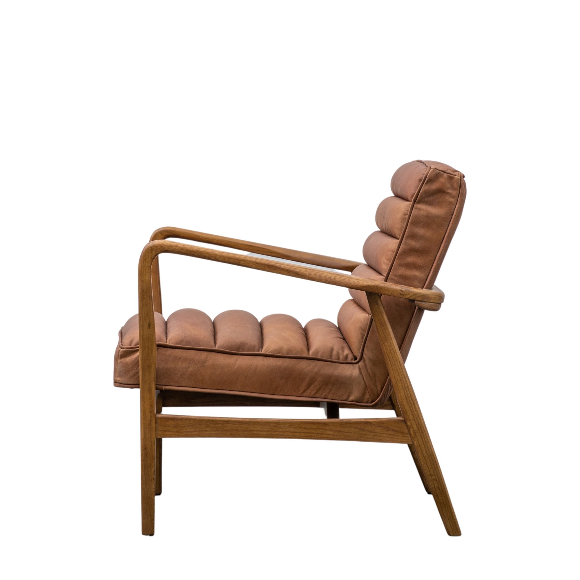 Side view of a brown leather armchair with a wooden frame on a white background.