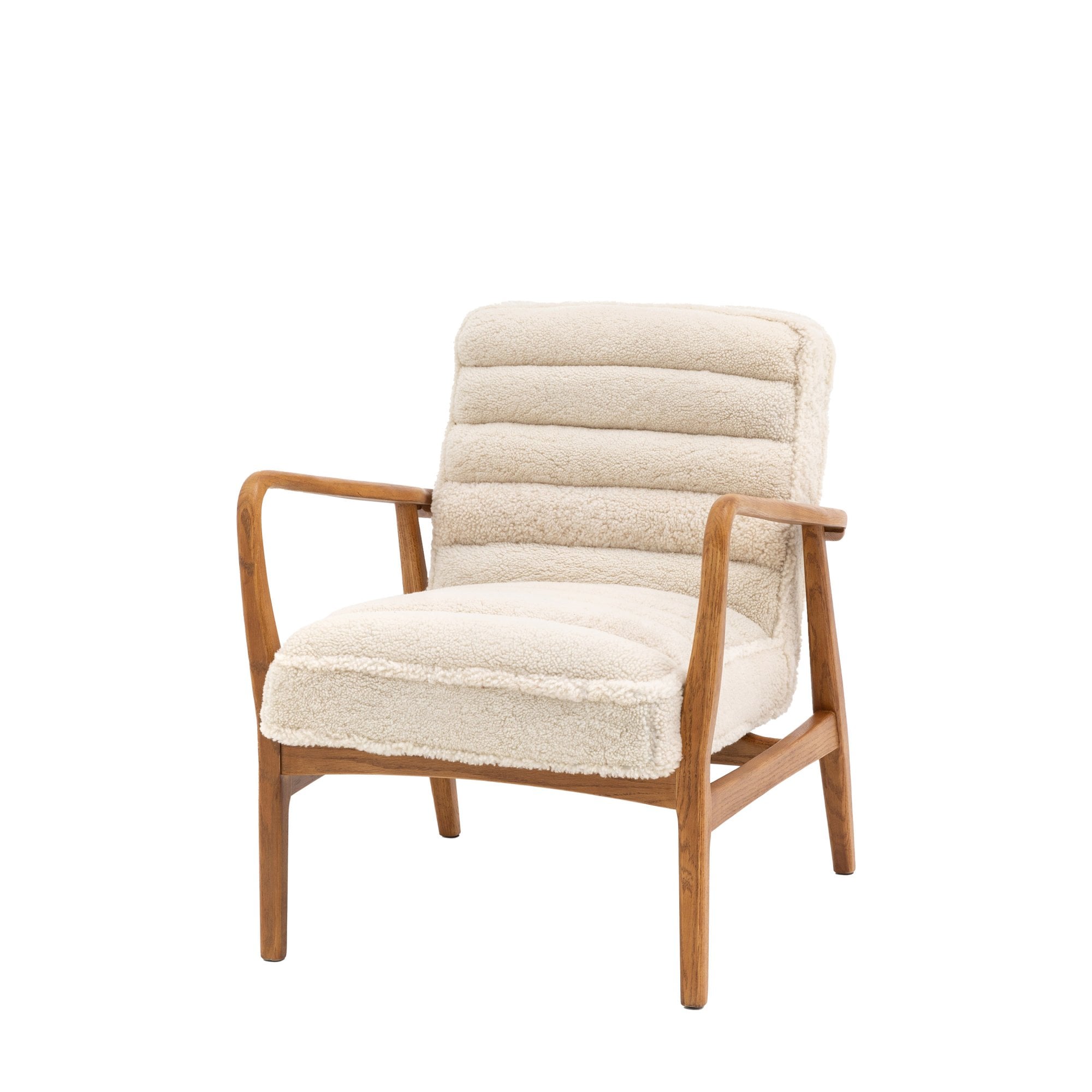 Angled front view of a cream-colored armchair with a sleek wood frame.
