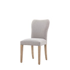 Angled front view of a single grey fabric upholstered dining chair with light wooden legs.