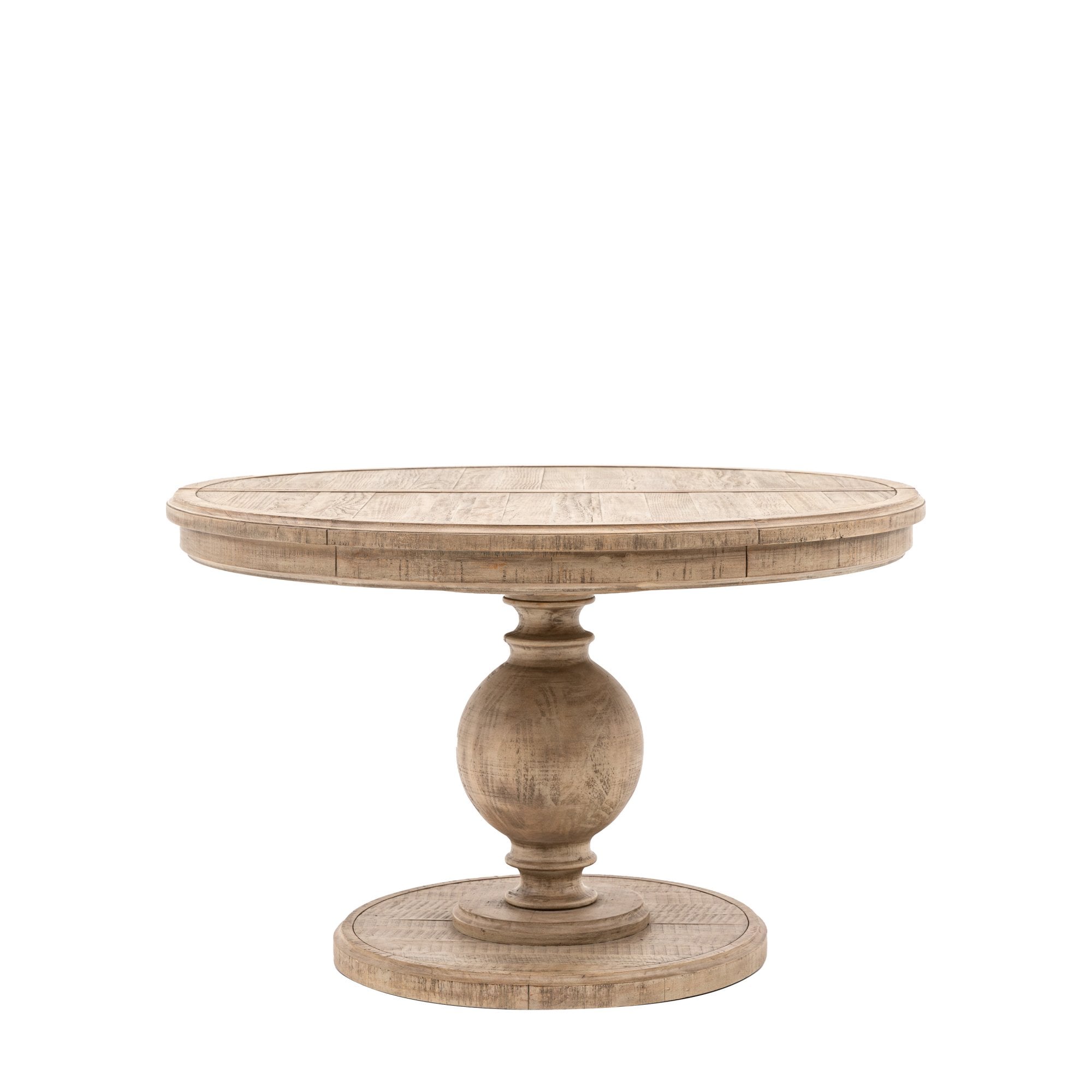 A light wood round dining table with a single pedestal base on a white background.