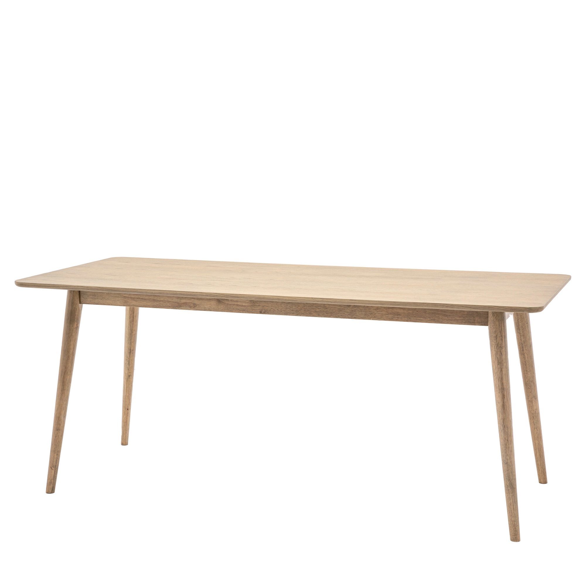 A wooden dining table with a light finish and elegant tapered legs.