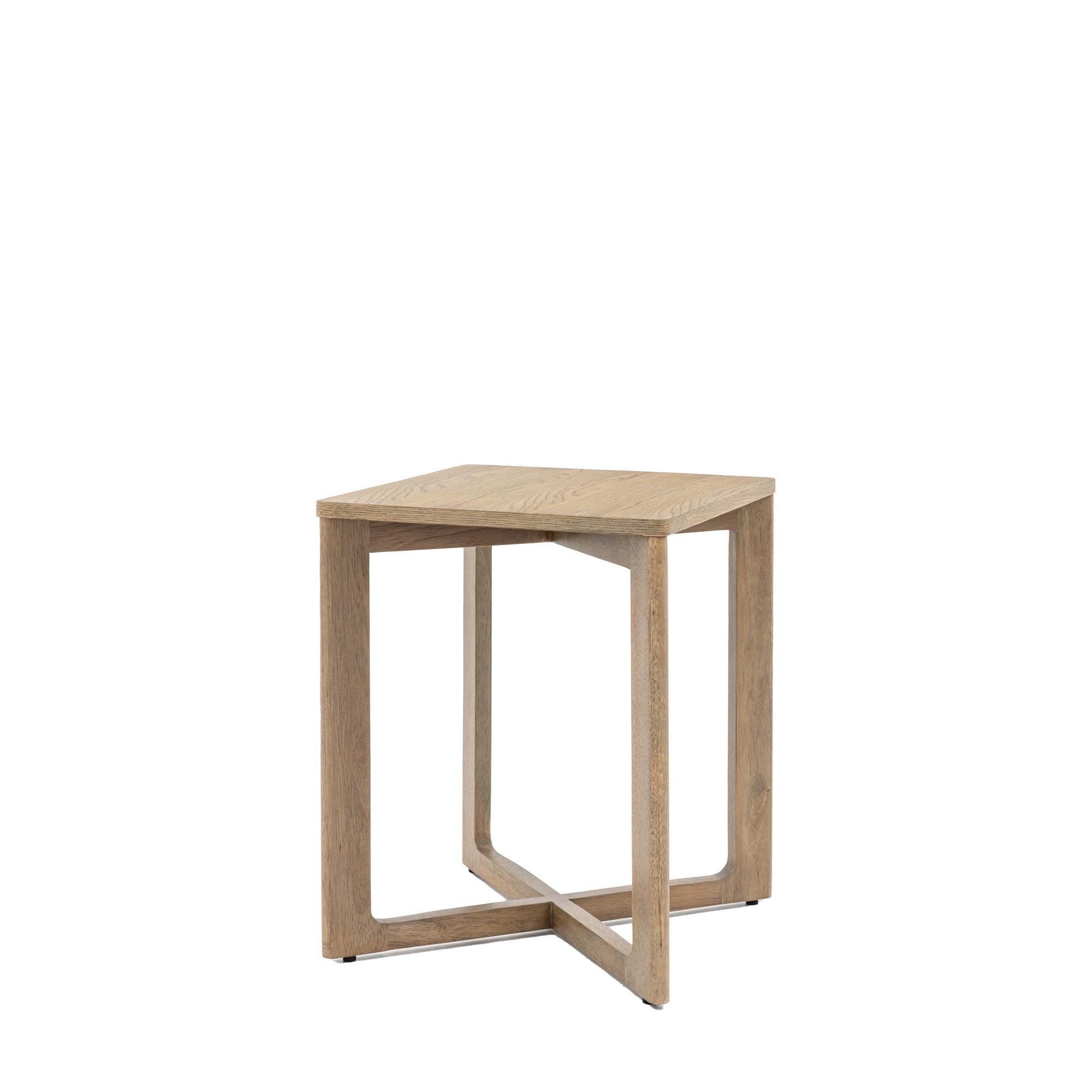 Angled view of a light wooden square side table with a distinctive cross-shaped base.