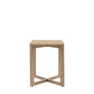 A light wooden square side table with a cross-shaped base, on a white background.