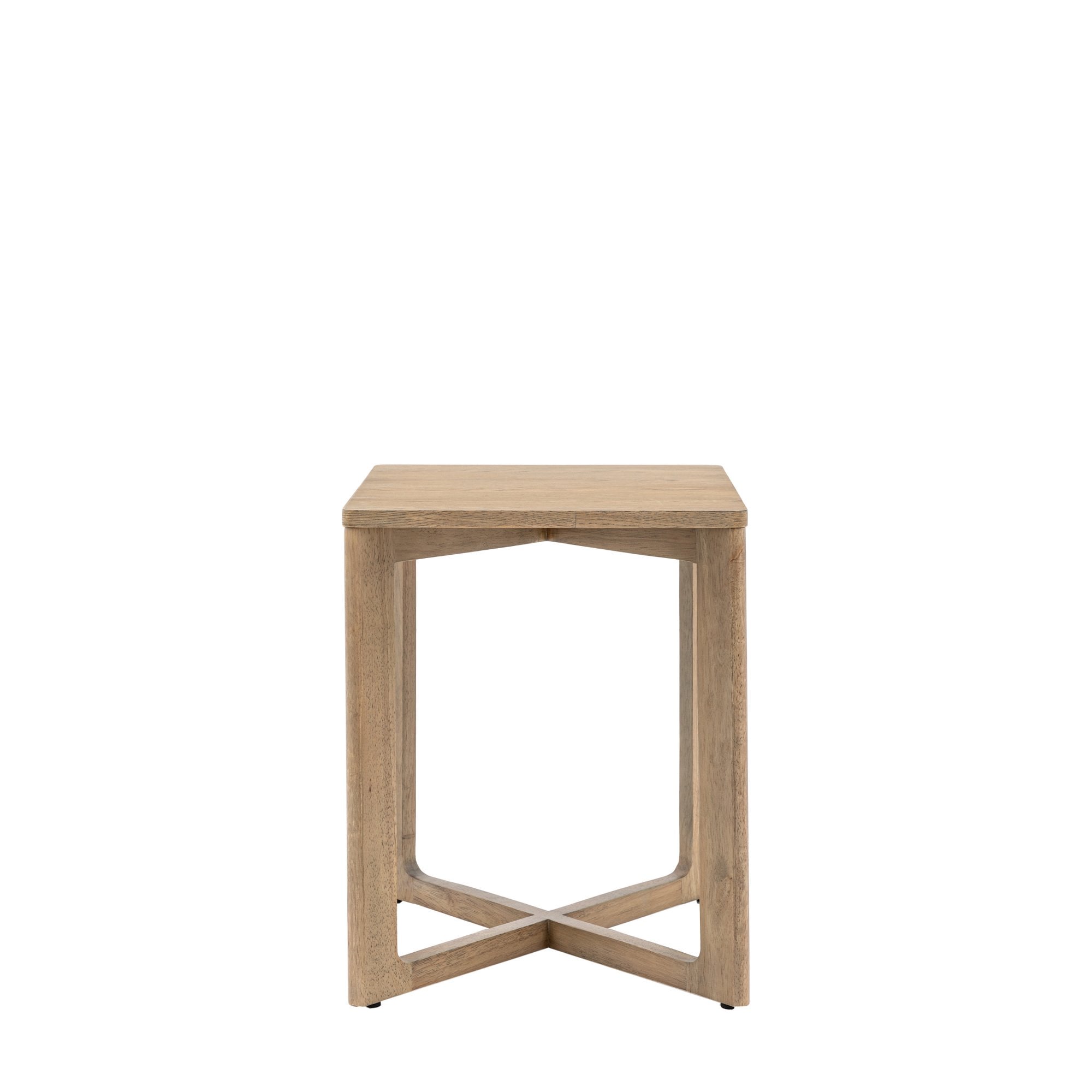 A light wooden square side table with a cross-shaped base, on a white background.