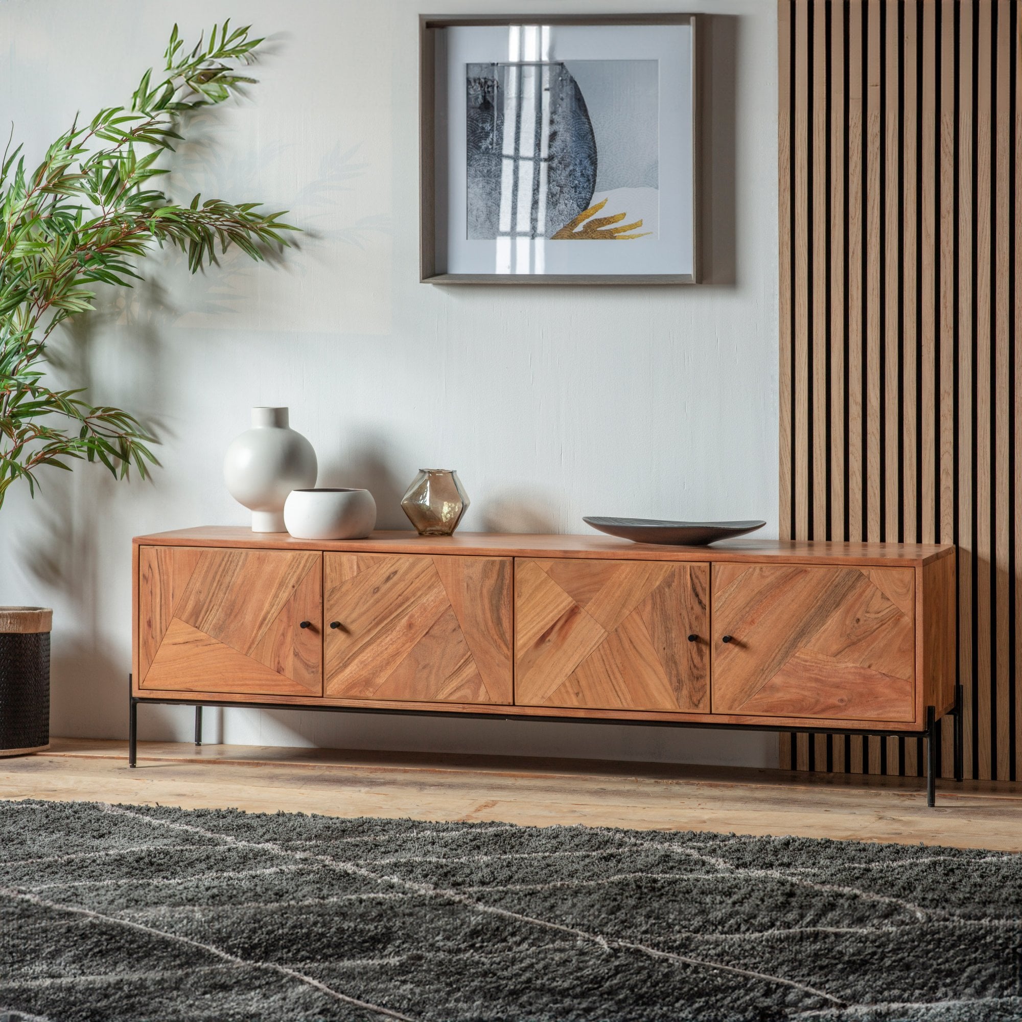 Boho wood TV stand with decor on top, dark rug and a green plant in a modern living room.