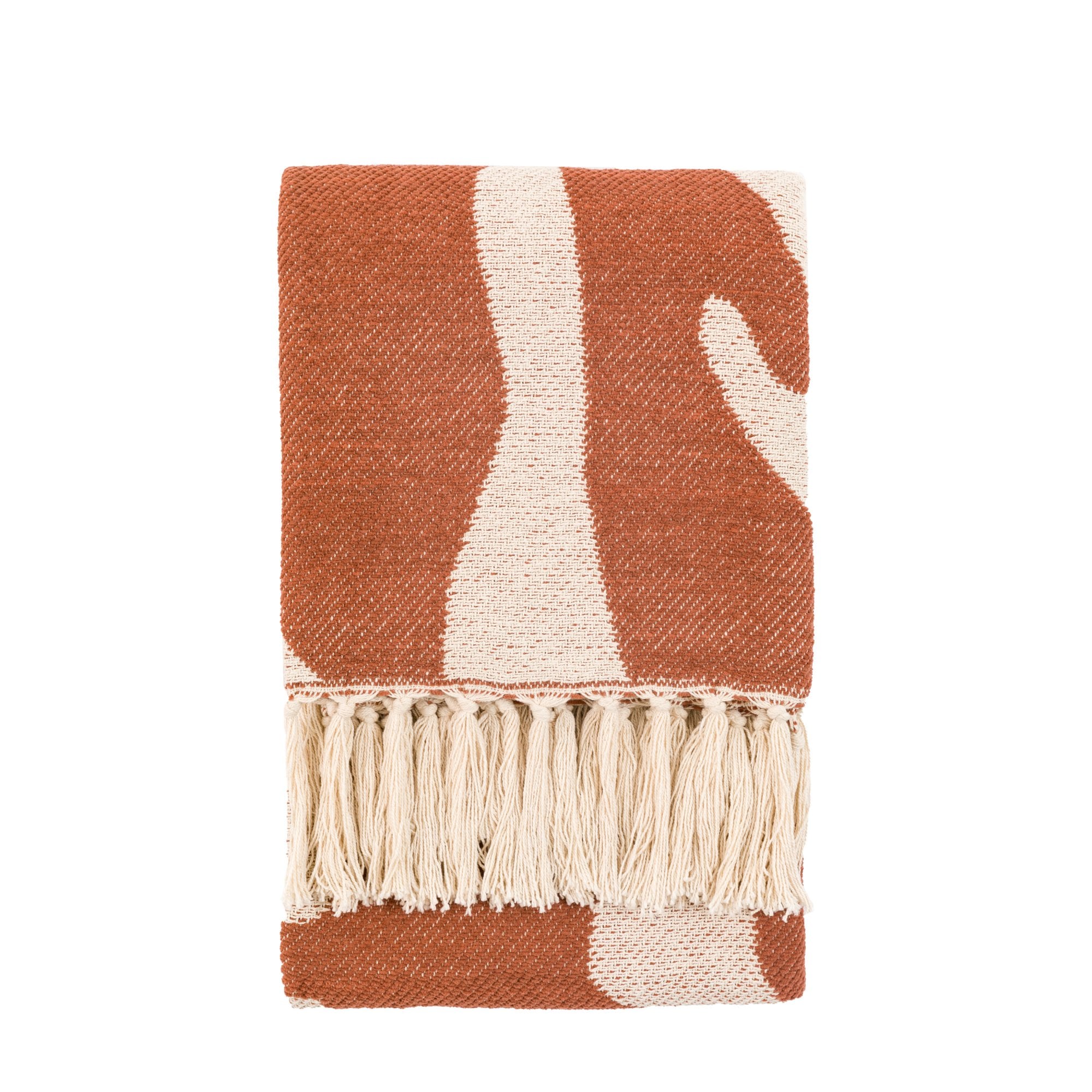 Folded boho throw blanket with burnt orange and off-white abstract pattern and fringe.