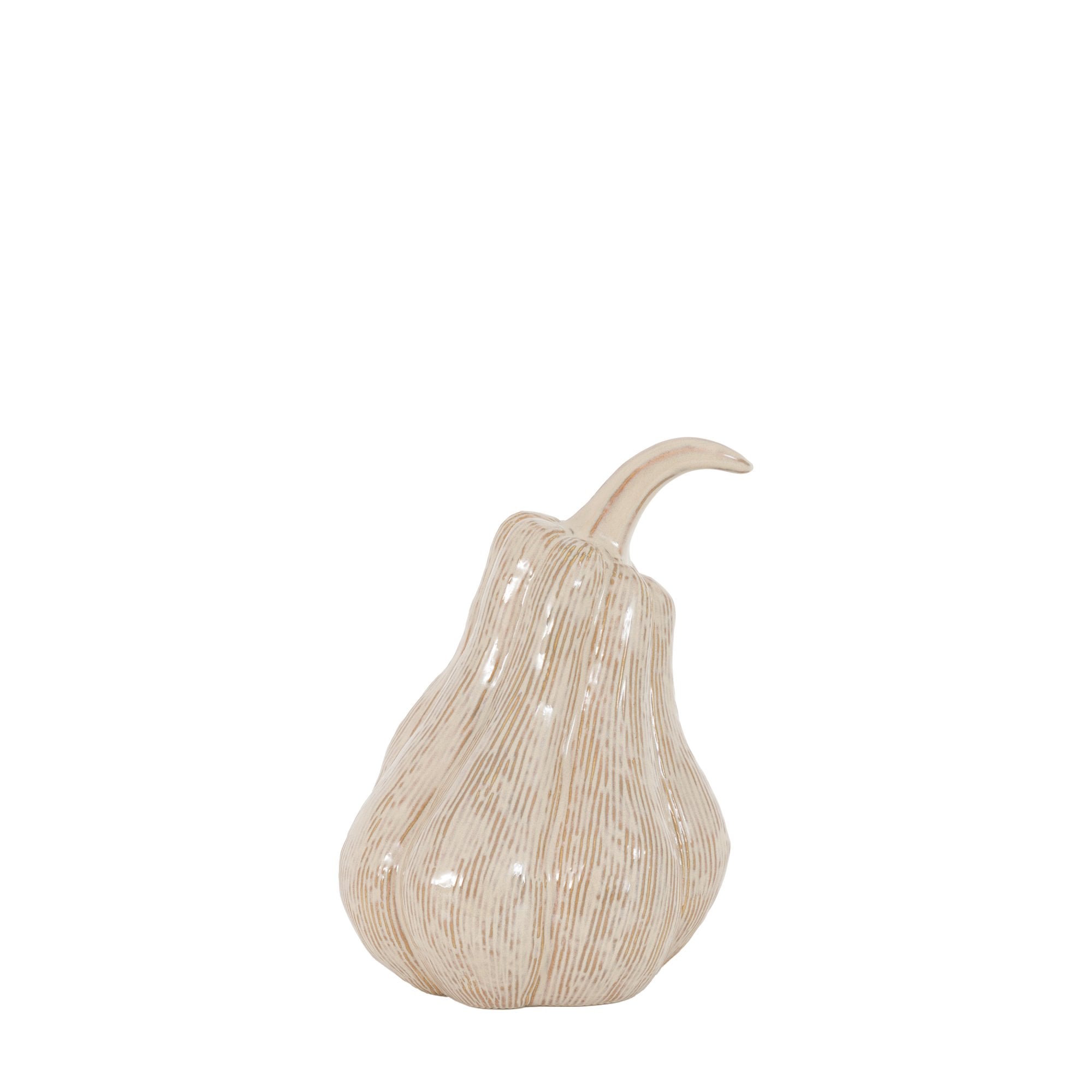 A light beige ceramic gourd with subtle vertical ridges and a curved stem, against a white background.