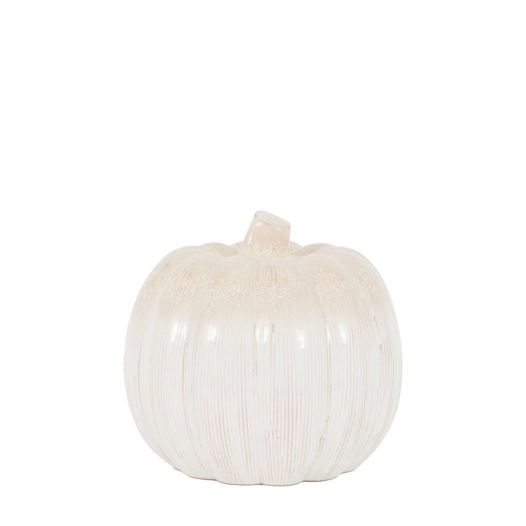 A single white decorative pumpkin with subtle vertical brush strokes, ideal for home decor.