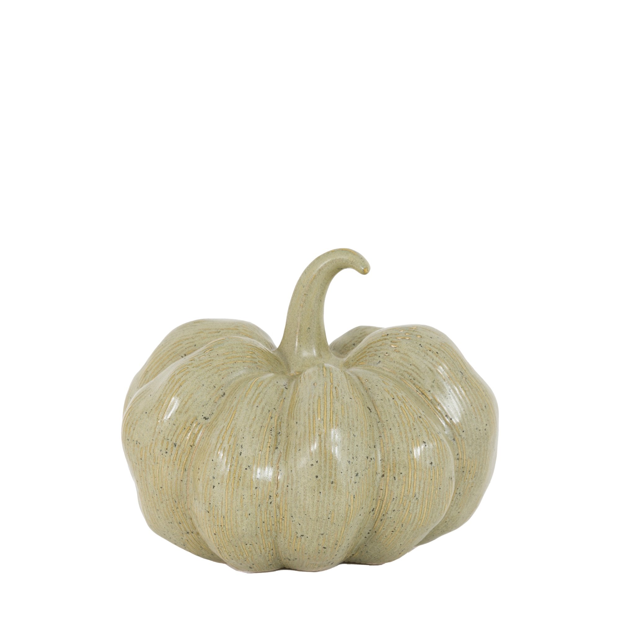 Light green ceramic pumpkin with a textured finish on a white background.