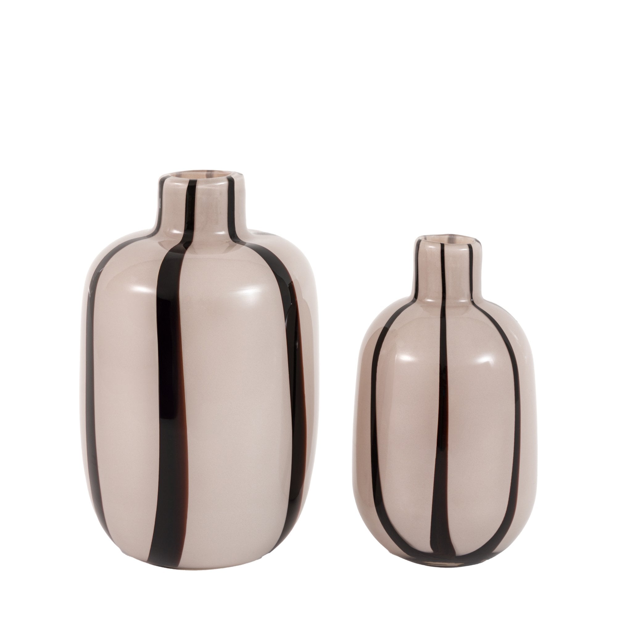 Two off-white vases with vertical black stripes, one large and one small.