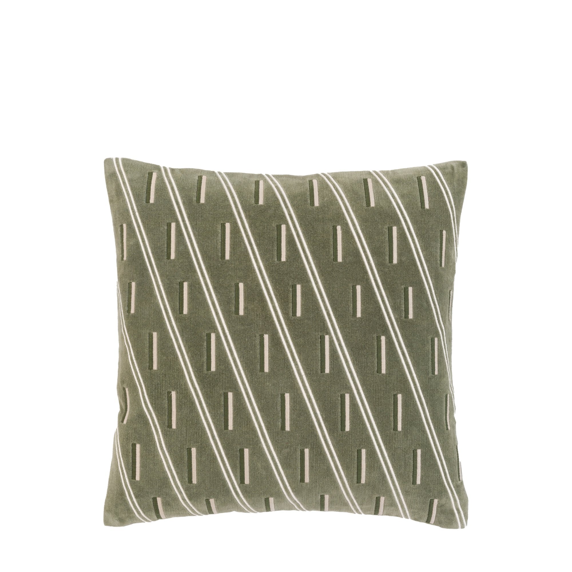 Olive green decorative pillow with white stripes and dashed lines.