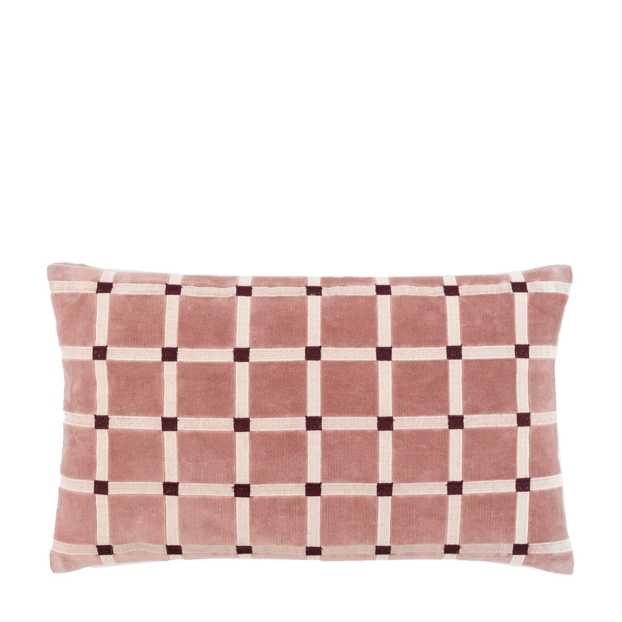 Pink lumbar pillow with checkerboard pattern on a white background.