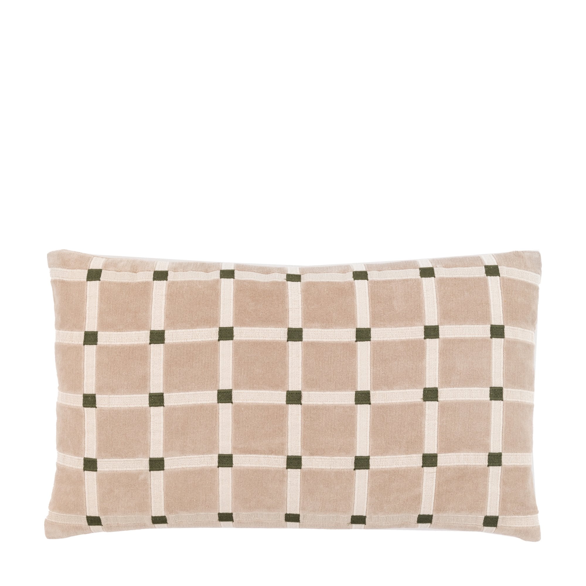 A beige and white plaid throw pillow with green accents on a white background.