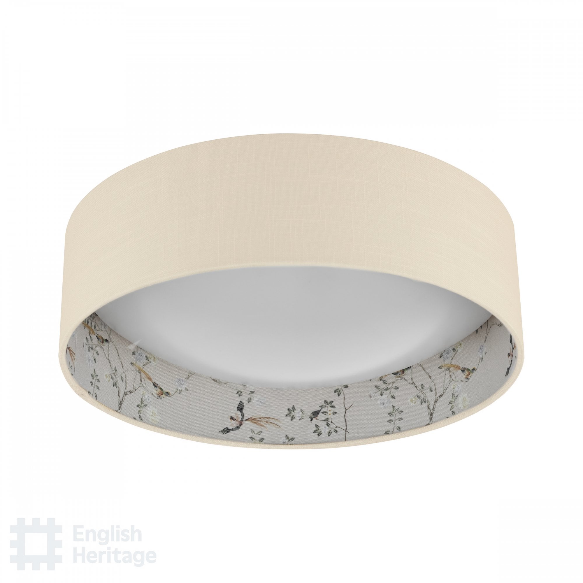 An English Heritage ceiling light with a bird and blossom pattern, viewed from below, off.