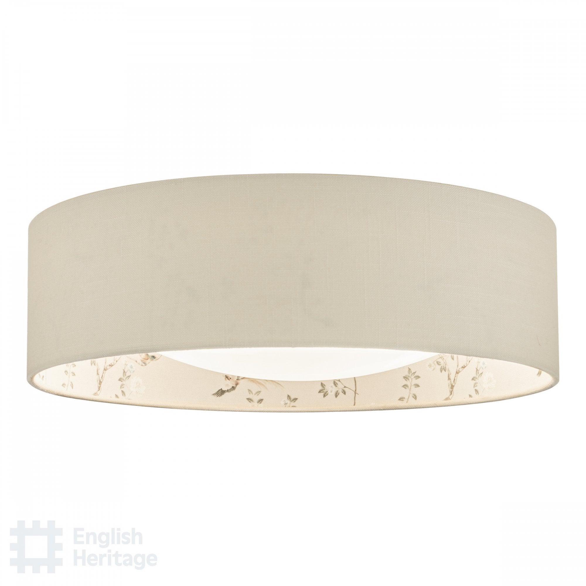 An English Heritage ceiling light with a bird and blossom pattern.