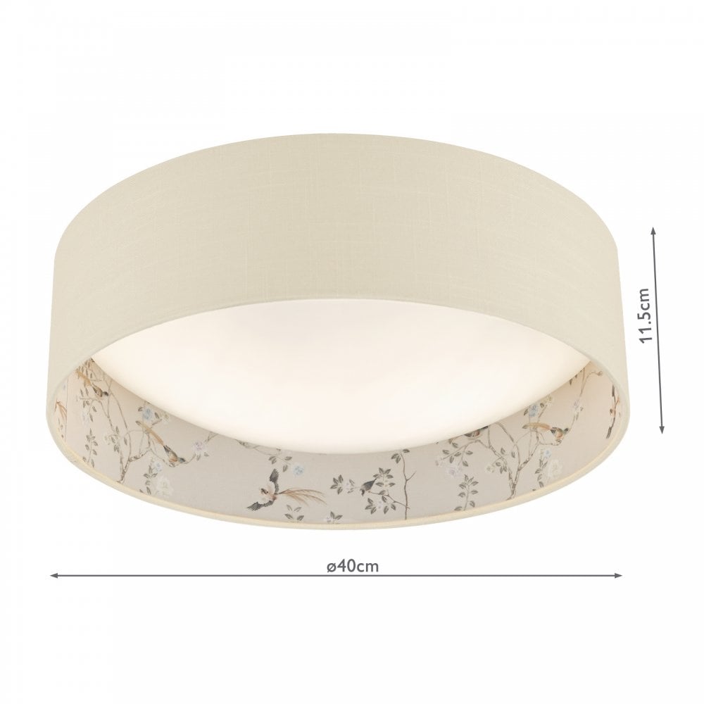 An English Heritage ceiling light with a bird and blossom pattern, showing measurements.