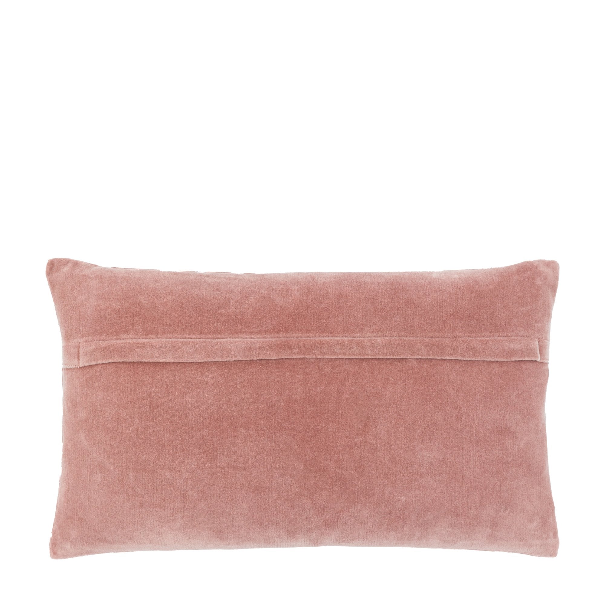 Back of the plain pink lumbar pillow on a white background.