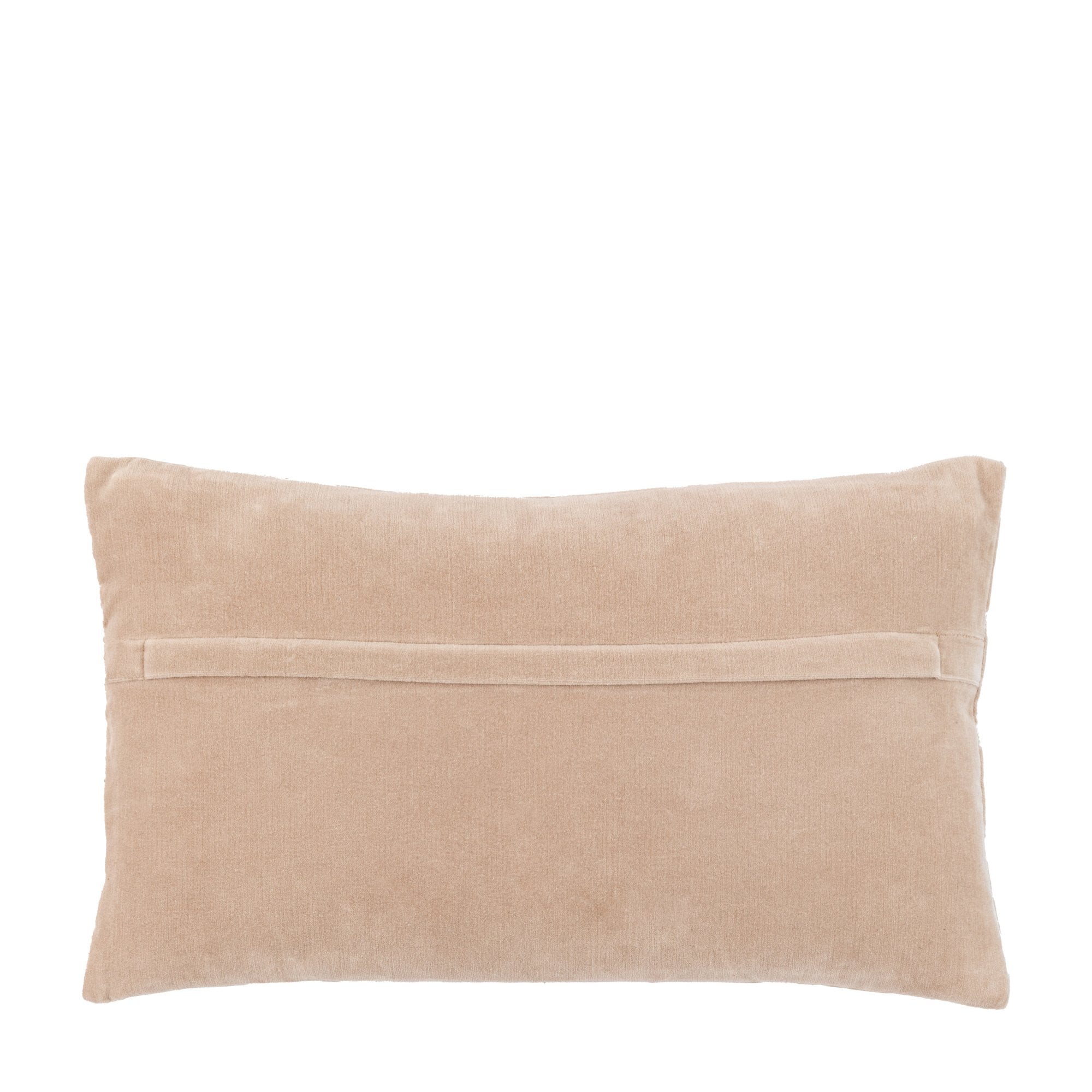 The back of a plain beige throw pillow with a horizontal fabric closure.