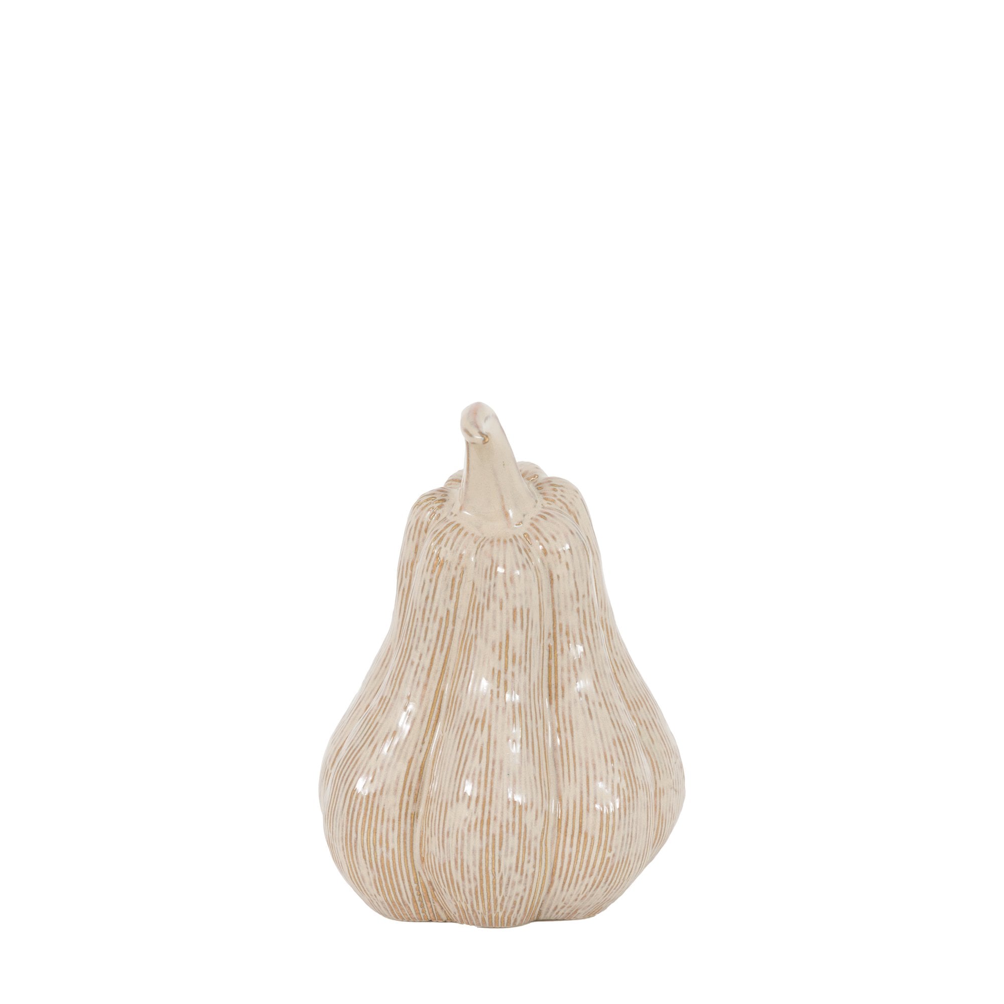 A light beige ceramic gourd with subtle vertical ridges and a curved stem, against a white background.